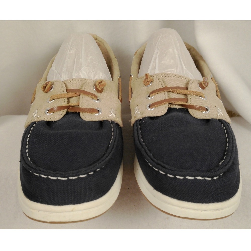 NWOT Khombu Womens 8.5 Boat Shoes Navy Tan Canvas‎ Lace Up Nautical Comfort